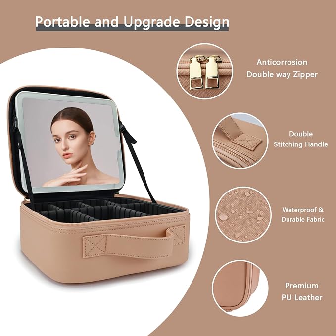 Makeup Bag with Led Mirror, Travel Makeup Organizer with 3 Color Setting - Image 4