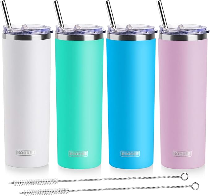 koodee 20 oz Tumbler with Lid and Straw -4 Pack Insulated Skinny Tumblers by koodee