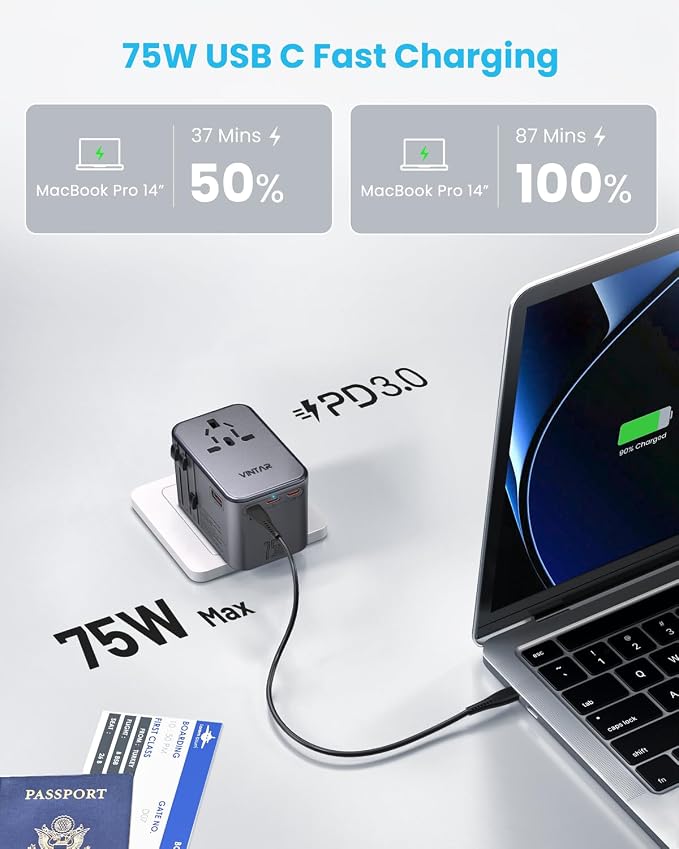 Universal Travel Adapter, VINTAR 75W GaN International Power Adapter - Image 2