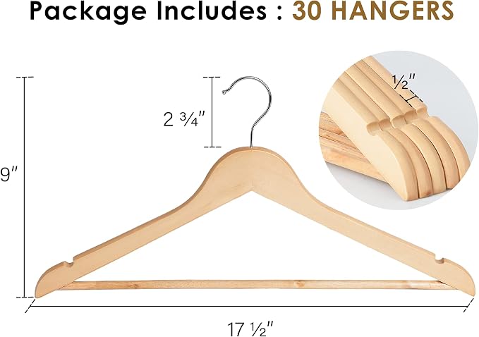 StorageWorks Wooden Hangers 30 Pack, Wood Coat Hanger - Image 4