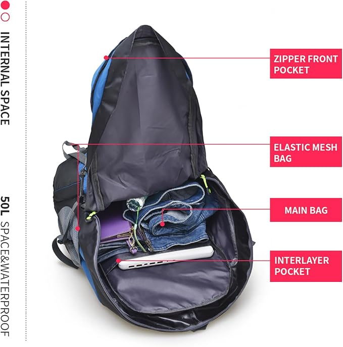 Bseash 50L Hiking Backpack, Water Resistant Lightweight Outdoor Sport Daypack - Image 4