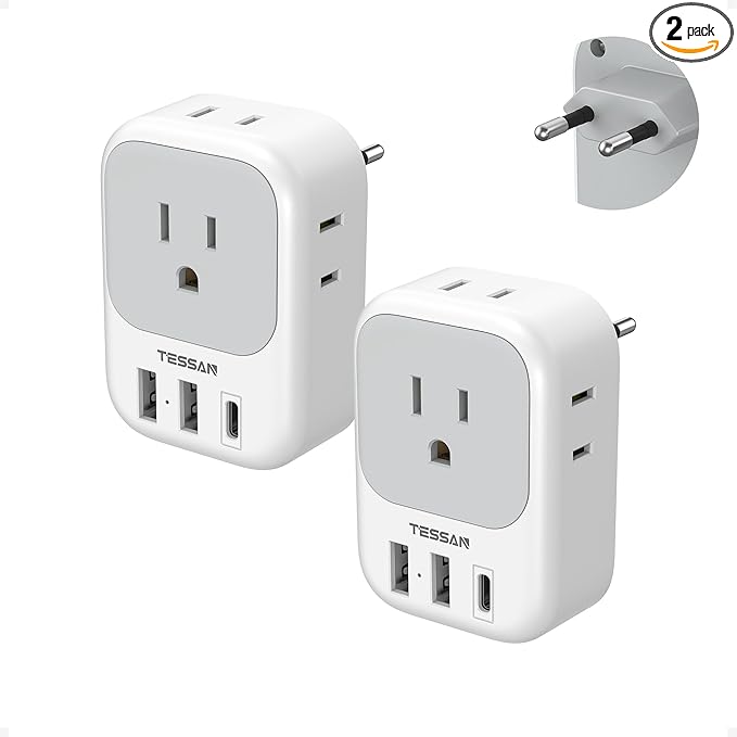 2 Pack European Plug Adapter USB C, TESSAN US to Europe Adapter 4 Outlets 3 USB by TESSAN