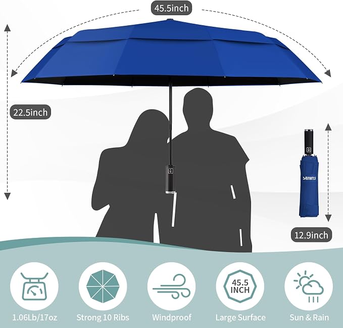 Seniny Windproof Travel Umbrella, Double Vented Canopy Large Umbrellas - Image 2