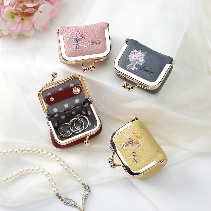 Custom Name & Birth Month Flower Mini Leather Jewelry Box – Vintage Kiss Lock - Image 5