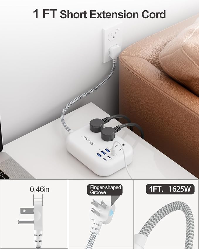 Short Extension Cord 1 Ft- 6 USB Travel Power Strip - Image 5