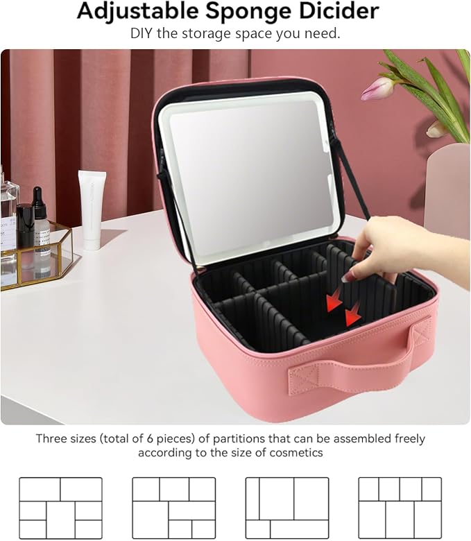 Travel Makeup Bag with LED Mirror with 3 Lighted Settings, Adjustable Dividers - Image 4