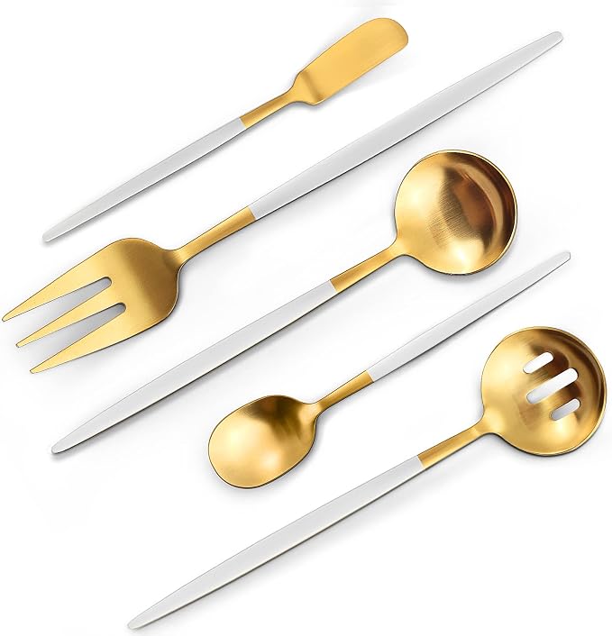 Matte White Gold Serving Silverware Set, 5-Piece Round Shared Utensils Set of by VANVRO