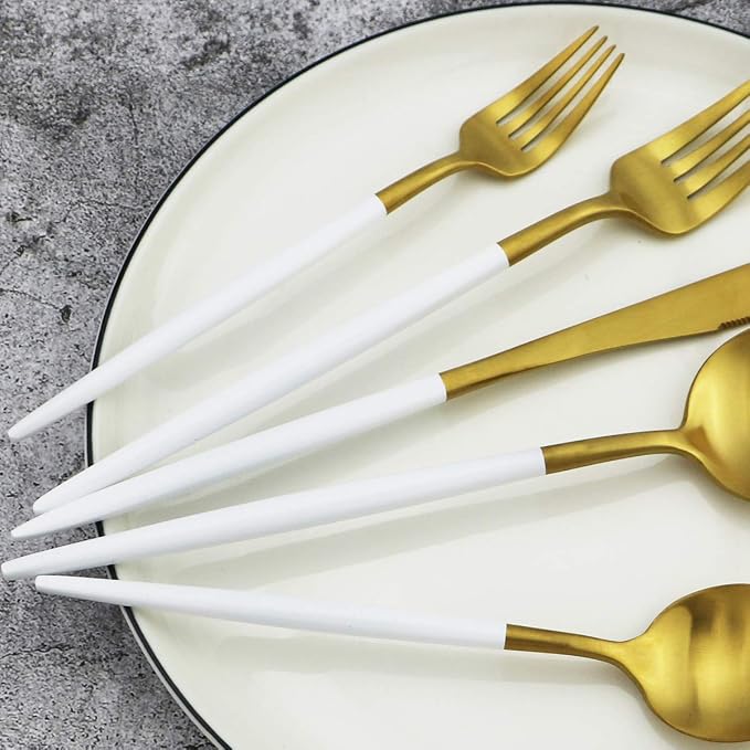 White Handle Matte Gold Silverware Set, Gugrida 5-Piece 18/10 Stainless Steel - Image 4