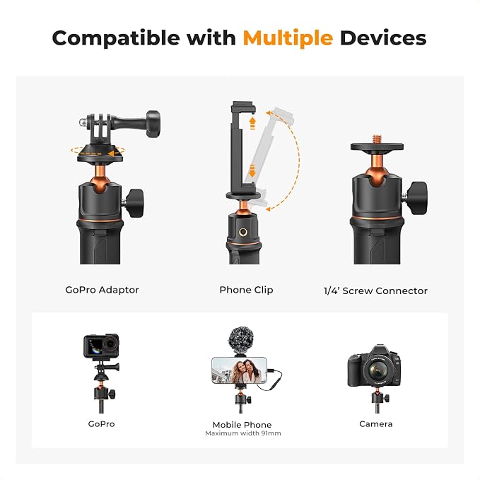 K&F Concept Selfie Stick Tripod, 60cm/23.6" Extendable Ball Head Vlog Selfie - Image 2