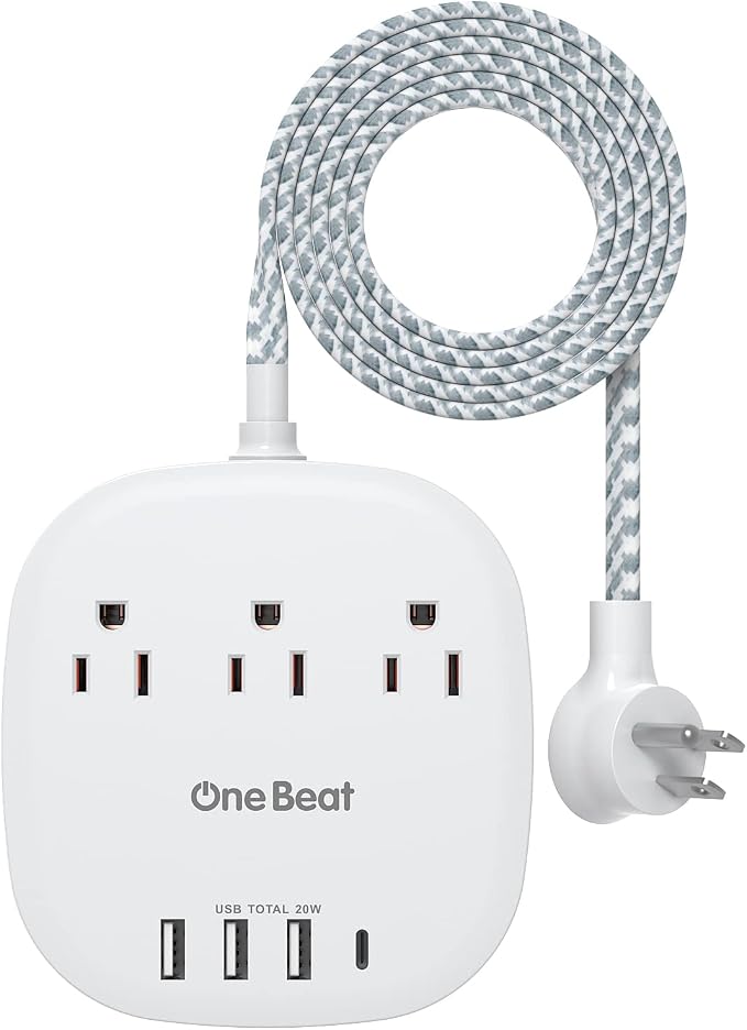 PD 20W USB C 3 Outlet 4 USB Ports Flat Plug Power Strip No Surge Protector by OneBeat