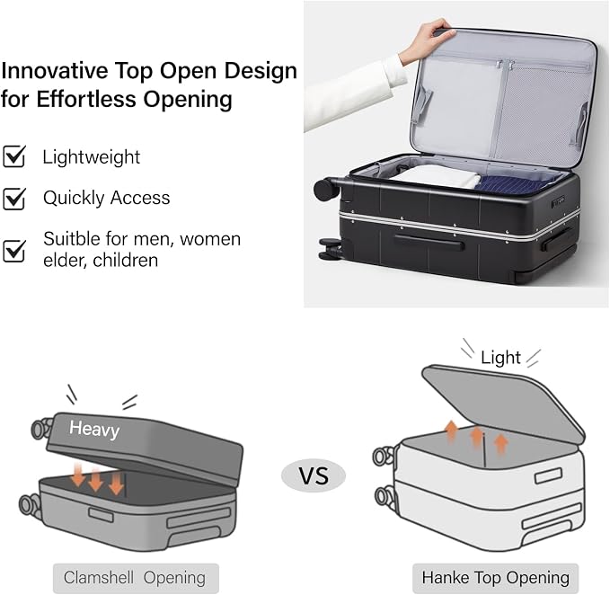 Hanke Top Opening Carry On Luggage, 20 Inch Zipperless Aluminum Frame Wide - Image 2