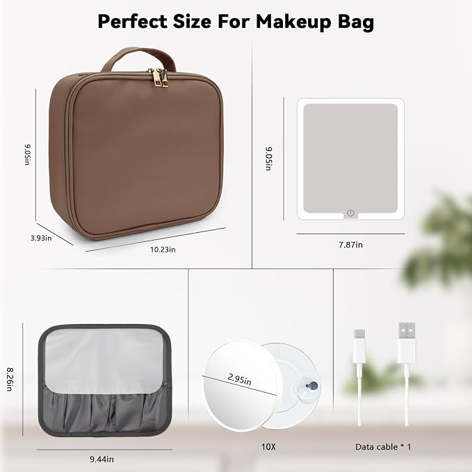 Travel Makeup Bag with LED Mirror and 10x magnifying glass with 3 Lighted - Image 8