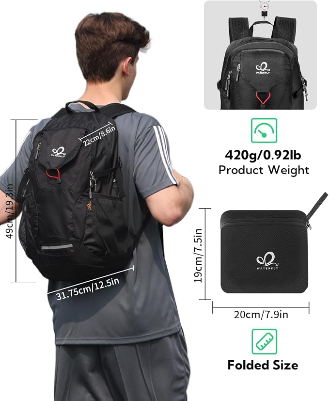 WATERFLY Lightweight Packable Hiking Backpack: 30L Foldable Travel Daypack - Image 2