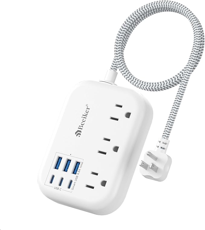 Short Extension Cord 2 Foot- 6 USB Travel Power Strip by Beeiker