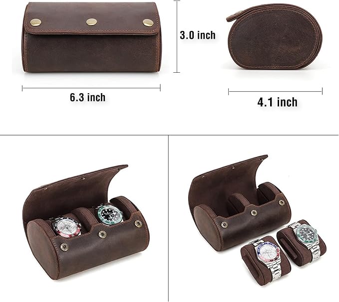 Genuine Leather Watch Roll Travel Case, 2 Slots Vintage Full Grain Leather - Image 3