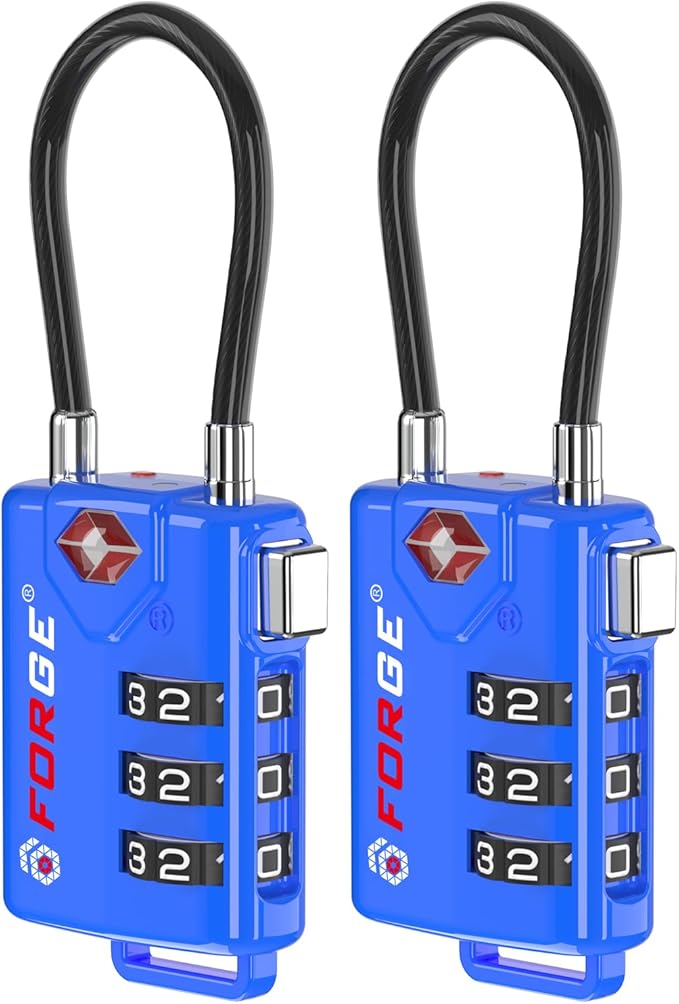 Bright Colors, TSA Approved Cable Luggage Locks 2 Pack Blue, Re-settable by Forge