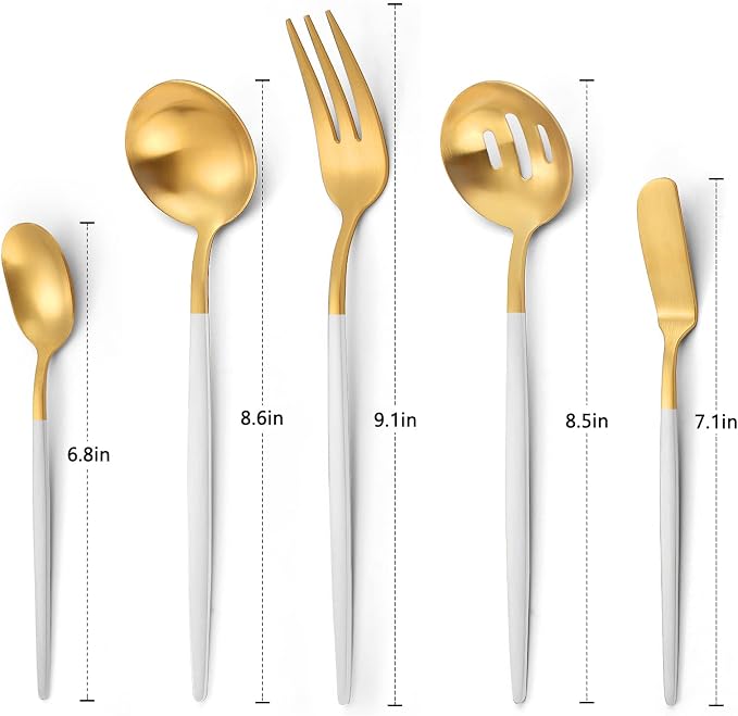 Matte White Gold Serving Silverware Set, 5-Piece Round Shared Utensils Set of - Image 2