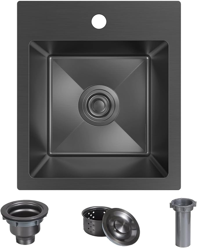 13 x 15 inch Drop in Bar Sink Black, Small Topmount Kitchen Sink Single Bowl 18 - Image 8