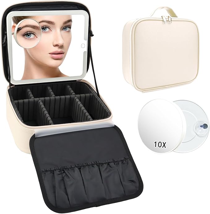 Travel Makeup Bag with LED Mirror and 10x magnifying glass with 3 Lighted by Unknown