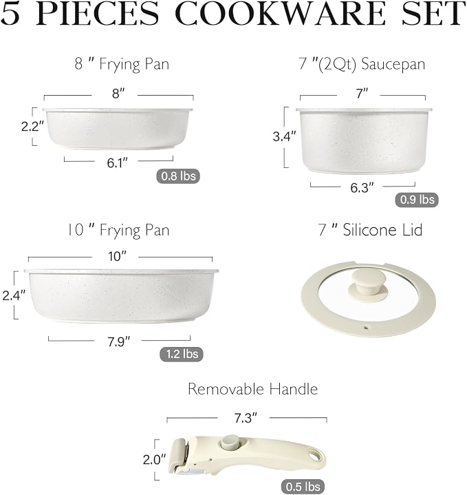 GiPP 5Pcs Pots and Pans Set Non Stick, Cookware Sets Nonstick Detachable Handle - Image 6