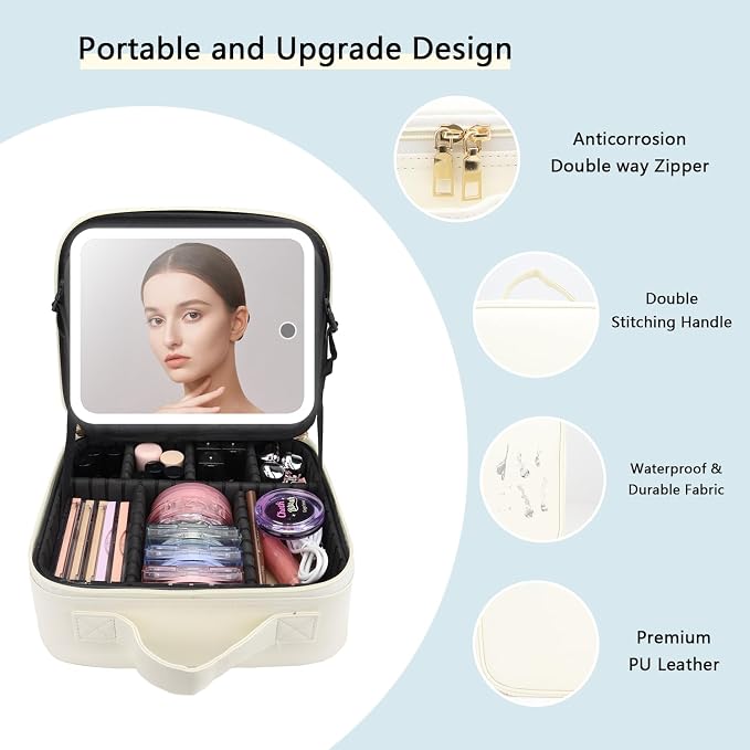 Makeup Bag with Led Mirror, Travel Makeup Organizer with 3 Color Setting - Image 4