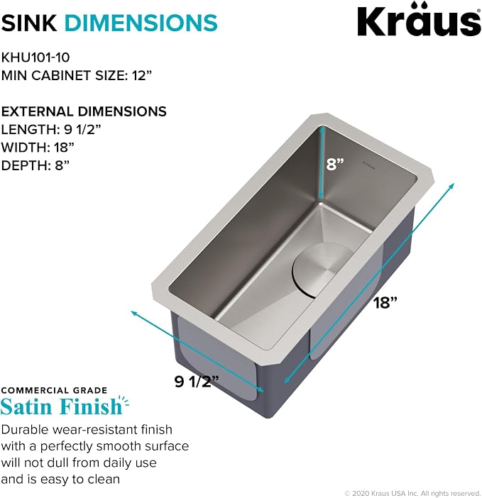 KRAUS Standart Pro 10-inch Undermount Single Bowl 16 Gauge Stainless Steel Bar - Image 4
