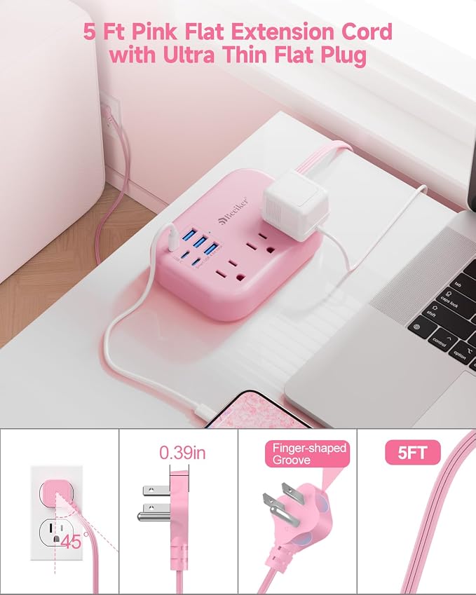 6 USB Pink Power Strip- 5Ft Pink Extension Cord - Image 5