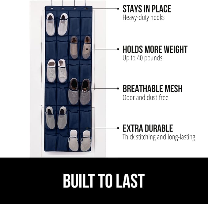 GORILLA GRIP Over the Door Shoe Organizer, 24 Large Breathable Mesh Pockets - Image 2