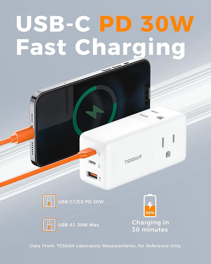 TESSAN USB Charging Station PD 30W, Flat Plug USB C Charger Blocks - Image 3
