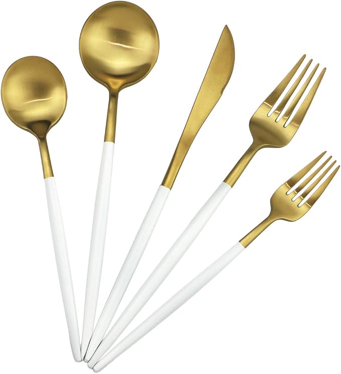 White Handle Matte Gold Silverware Set, Gugrida 5-Piece 18/10 Stainless Steel by Gugrida