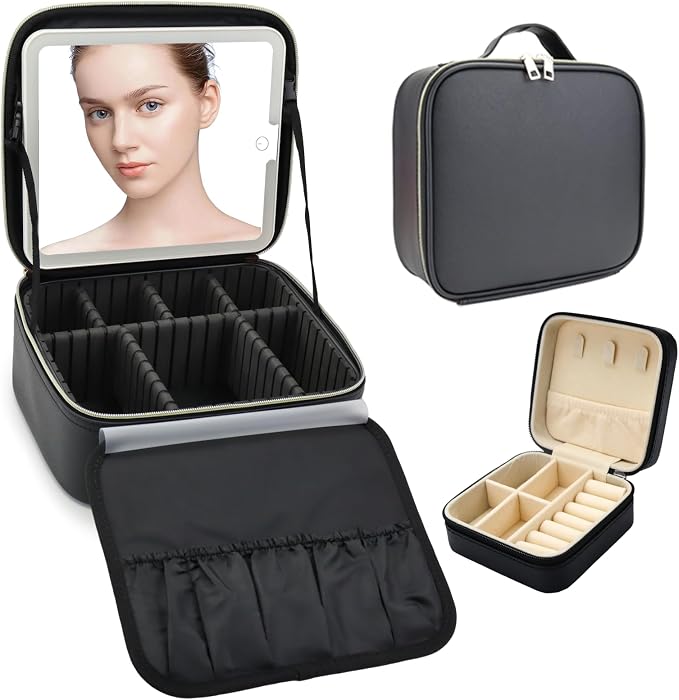 Travel Makeup Bag with LED Mirror with 3 Lighted Settings, Adjustable Dividers - Image 9
