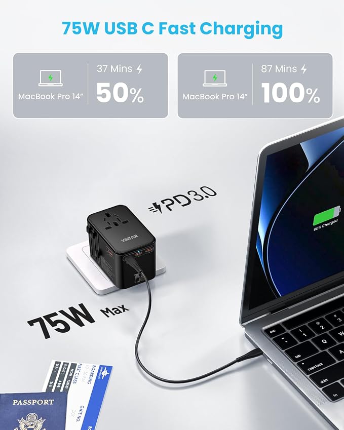 Universal Travel Adapter, VINTAR 75W GaN International Power Adapter - Image 2