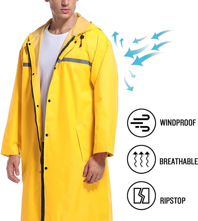 Mens Long Hooded Safety Rain Jacket Waterproof Emergency Raincoat Poncho - Image 5
