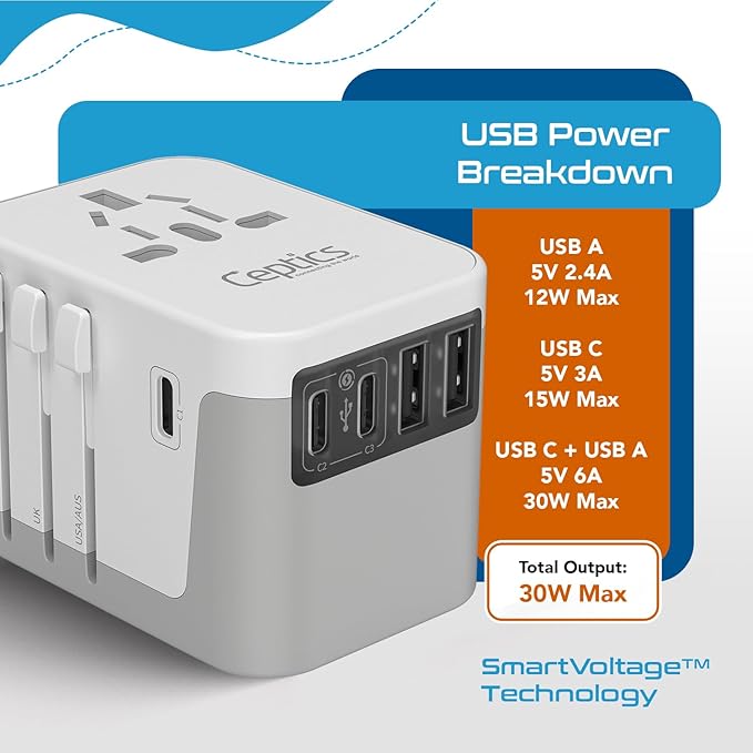Ceptics 6 in 1 Universal Travel Adapter, Universal Outlet w/ 2X USB-A and 3X - Image 6