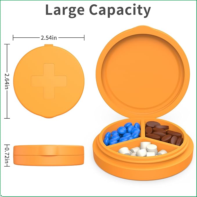 2 Pack Small Pill Box, 3 Compartment Round Silicone Travel Pill Box - Image 2