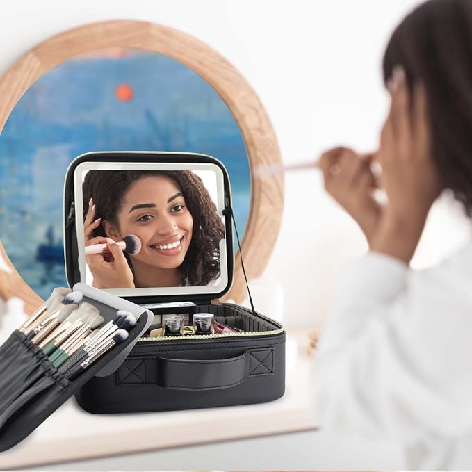 Travel Makeup Bag with LED Mirror Travel Makeup Organizer with 3 Lighted - Image 9