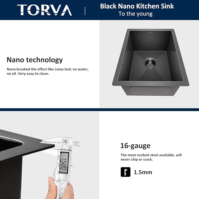 TORVA 14 x 14 Inch Gloss Black Undermount Kitchen Sink, PVD Coated Gunmetal - Image 7