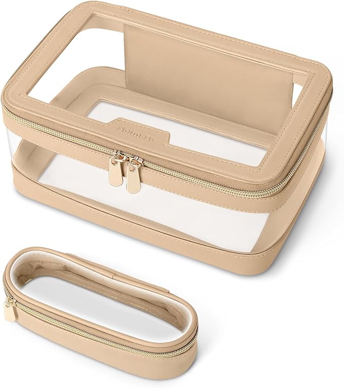 Travel Clear Makeup Bag with Makeup Brush Bag, Leather Makeup Case Toiletry Bag by Soimeat