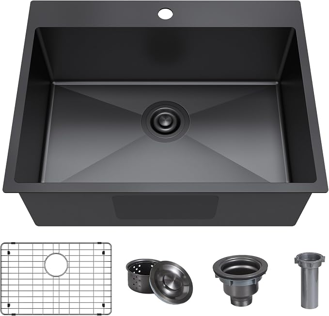25x22 Inch Black Drop In Kitchen Sink, 25 Inch Gunmetal Black Kitchen Sink Top - Image 7