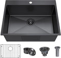 25x22 Inch Black Drop In Kitchen Sink, 25 Inch Gunmetal Black Kitchen Sink Top by Winnpex