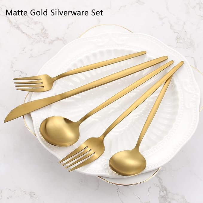 Matte Gold Silverware Set, VANVRO 60-Piece Stainless Steel Flatware Set - Image 3