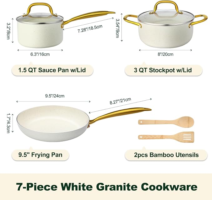 Pots and Pans Set Non Stick, 7 Piece White Granite Induction Cookware Set - Image 2