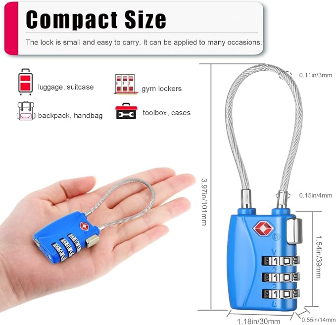 ZHEGE TSA Cable Luggage Lock 3 Digit Combination Padlock - Image 5