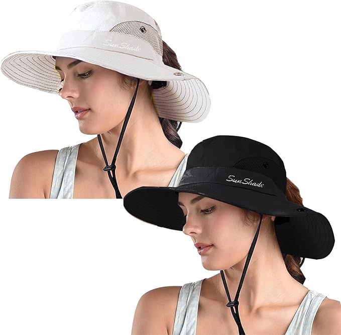 ZOORON Women's Ponytail Safari Sun Hat, Wide Brim UV Protection Outdoor Bucket by ZOORON