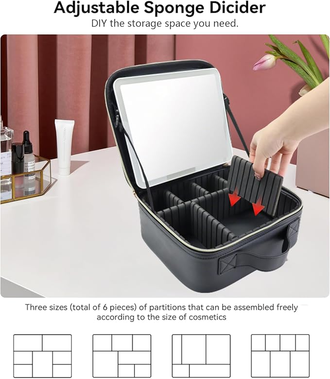 Travel Makeup Bag with LED Mirror with 3 Lighted Settings, Adjustable Dividers - Image 4