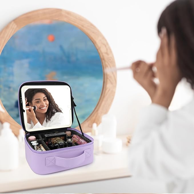 Travel Makeup Bag with LED Mirror Travel Makeup Organizer with 3 Lighted - Image 9