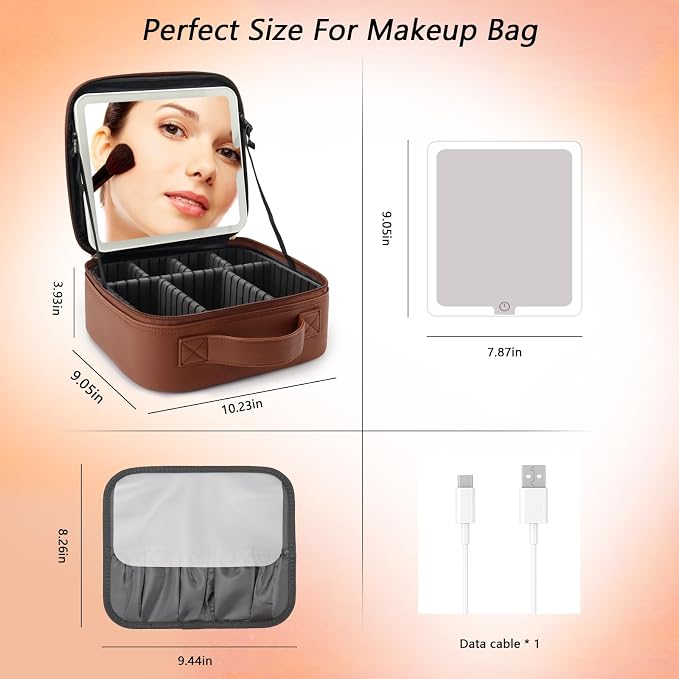 Travel Makeup Bag with LED Mirror Travel Makeup Organizer with 3 Lighted - Image 7