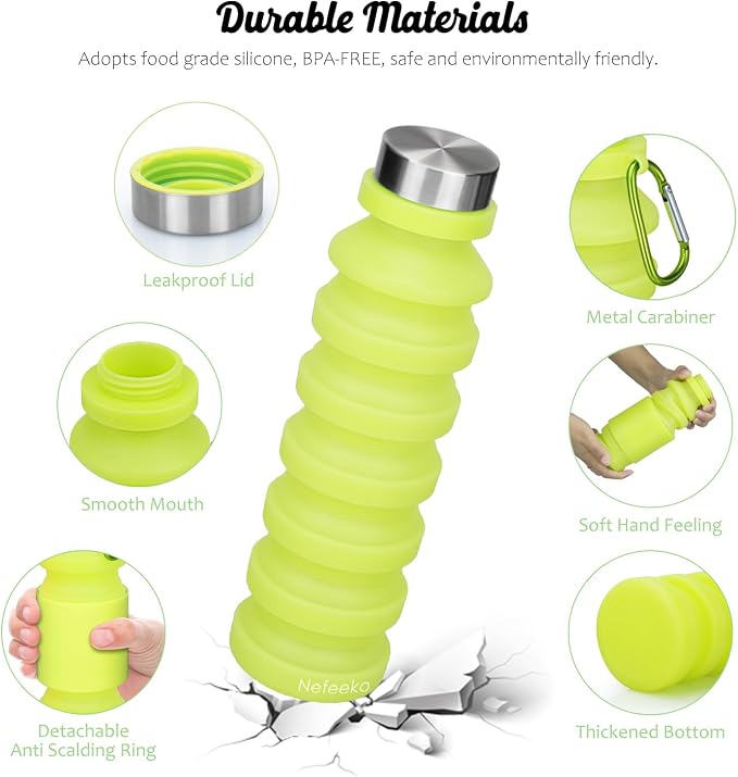 Nefeeko Collapsible Water Bottle, Reuseable BPA Free Silicone Foldable Water - Image 3