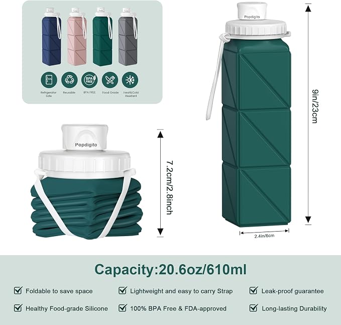 4pack Collapsible Water Bottles, 20.6oz Foldable Water Bottle BPA Free Reusable - Image 3