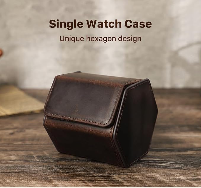 Genuine Leather Watch Roll Travel Case, Vintage Full Grain Leather Hexagon - Image 7